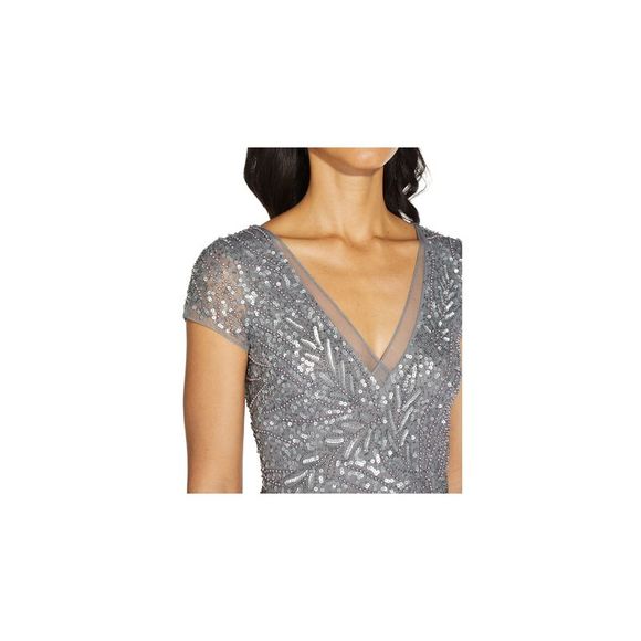 ADRIANNA PAPELL Womens Gray Cap Sleeve V Neck Full-Length Formal Mermaid Dress 4 - Picture 3 of 4